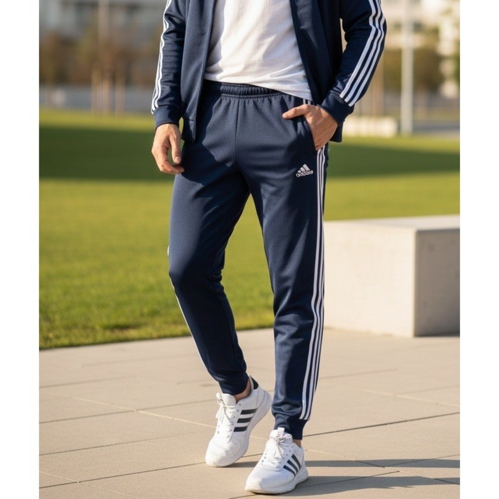 Adidas H46106 Mens Track Pants Small Navy Blue White Stripes Tapered Joggers Y2K